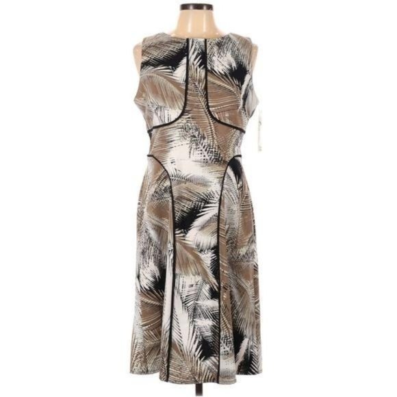 London Times Palm Print Sheath Dress 10 Black Piping Trim - Picture 1 of 9